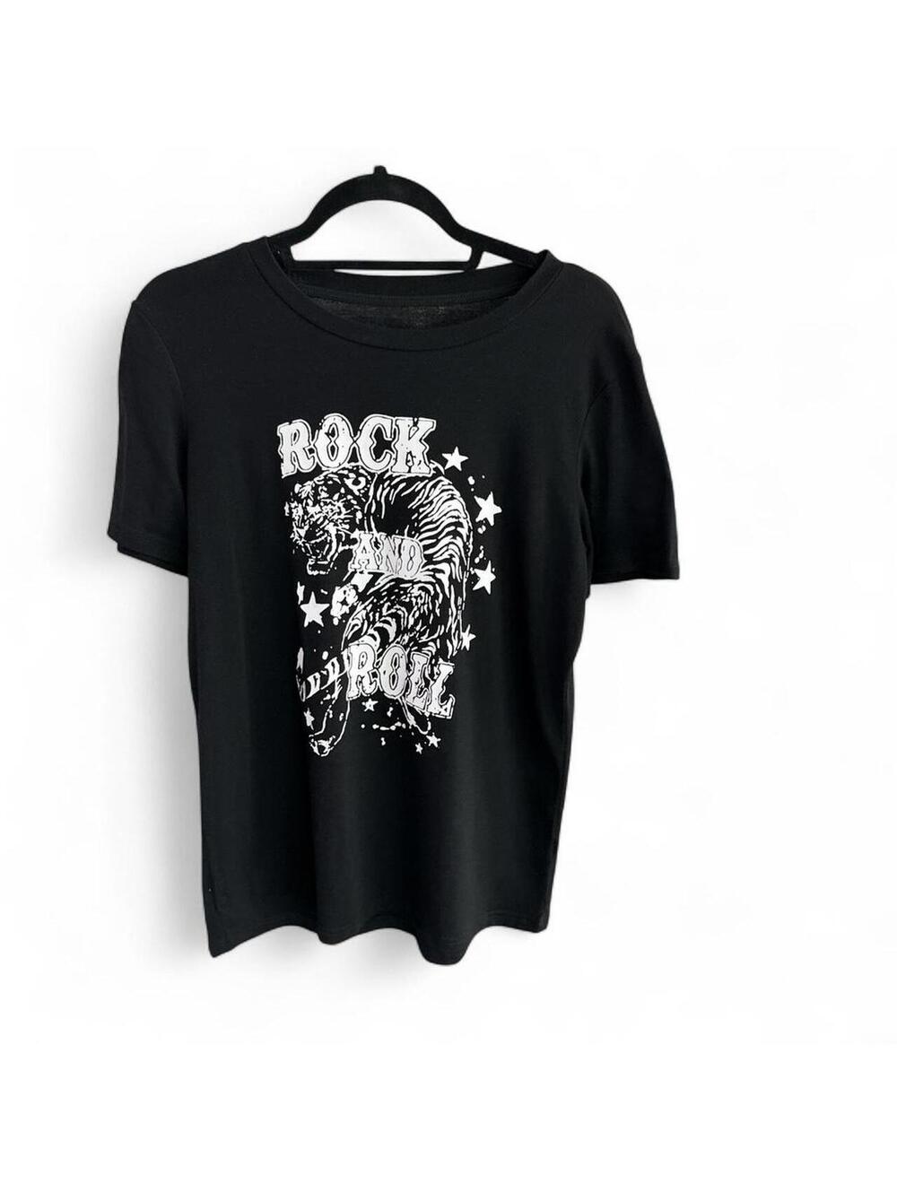 Women’s  Black rock and roll graphic tee.  Back is solid.  size Med